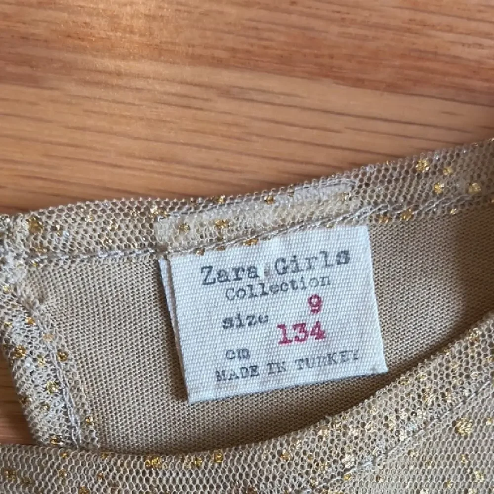 Zara Girls Collection, Short Sleeve Shimmering Gold Tulle Dress, Size 9 EUC